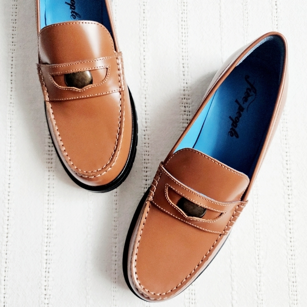 Free People Leather Penny Loafers Liv Slip On Chunky Brown Neutral Size 10 NIB - Picture 3 of 16